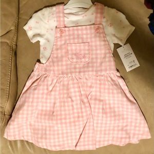 NWT. 2 piece (onesie & dress) overall style dress. Size:12 months Brand:Carters